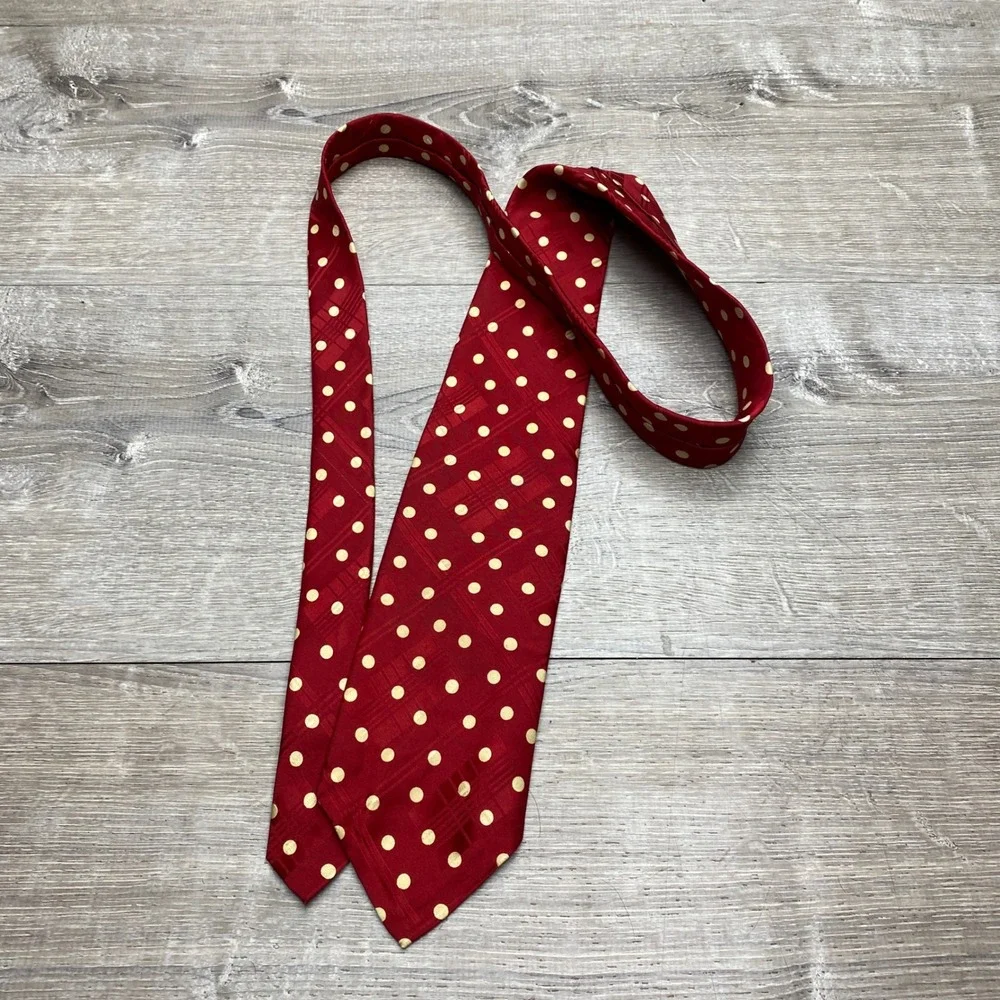 Polo Ralph‎ Lauren Mens Silk Tie Red Polka Dot Plaid Geometric Handmade 3.75